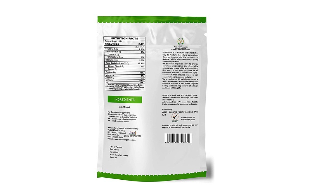 Orgabite Organic Urad Sabut    Pack  500 grams
